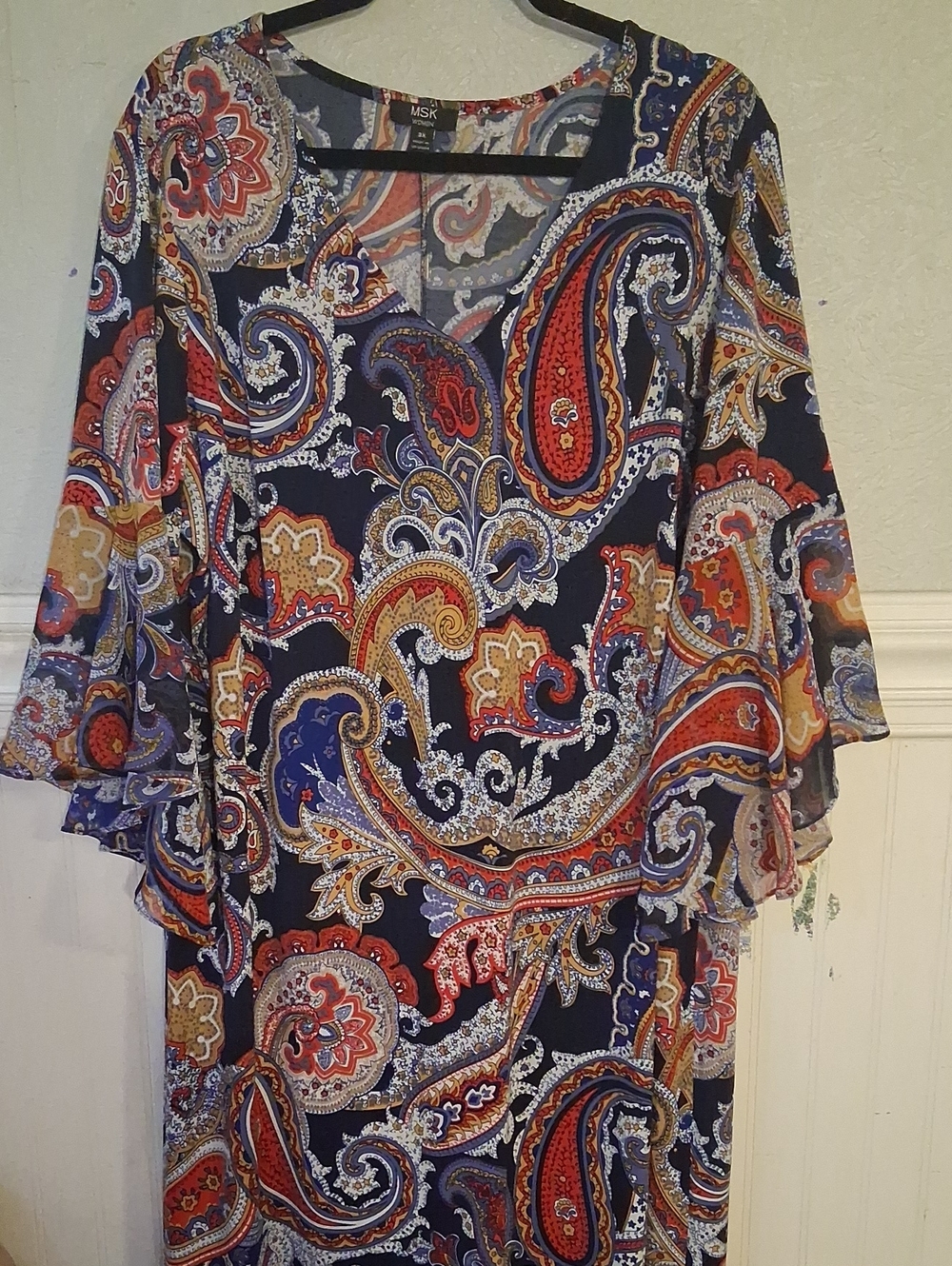 MSK Navy Paisley V-Neck Dresswith Red and Gold Accents